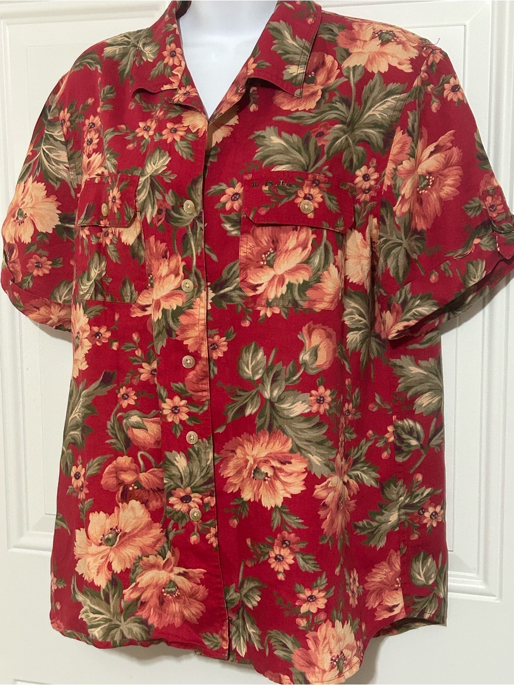Lauren Ralph Lauren Red Floral Short-Sleeve Button-Up Blouse